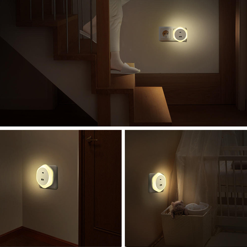 USB Charging Socket with LED Night Light, Modern square ABS Switch Sensor Control Plug-in Power Supply