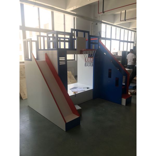Customized Safe Children Furniture Solid Wood and MDF Bunk Bed for Kids Bed Blue for Boy with Basketball Hoop and Slide