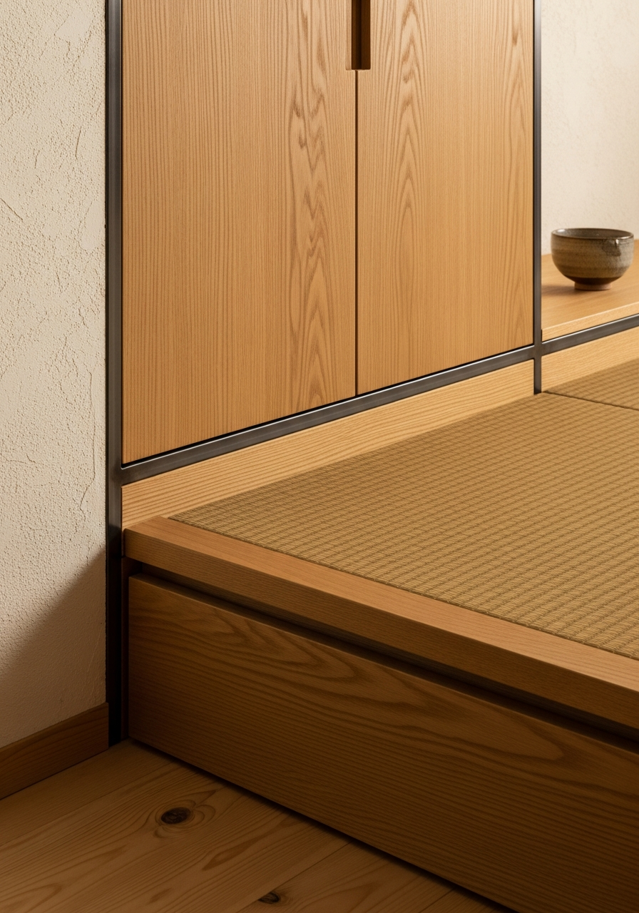 Low-Profile Japandi Platform Bed in 304 Stainless Steel with Oak Veneer