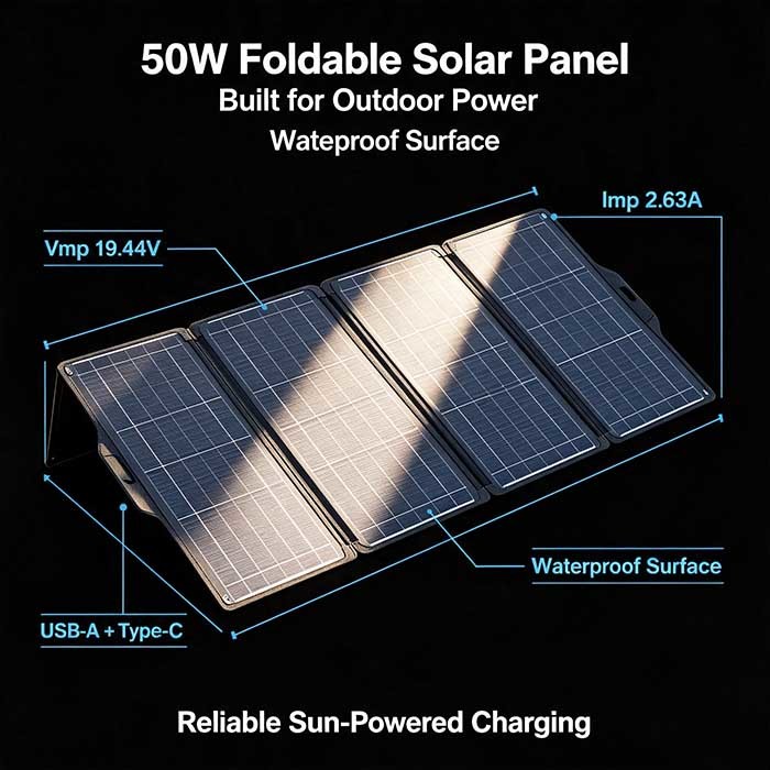 50 W High‑Efficiency Folding Solar Panel, Portable Solar Power for Van‑Life & Road Trip