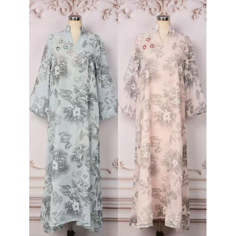 MT543  Middle Eastern Modest Wear Floral Print Beaded Chiffon Abaya (Dual Colorways)