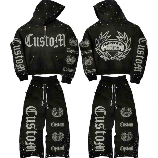 Custom Heavyweight Full Rhinestone Acid Wash Tracksuit OEM  ODM 