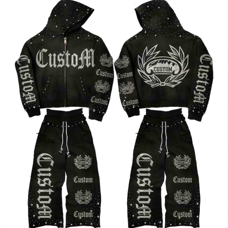 Custom Heavyweight Full Rhinestone Acid Wash Tracksuit OEM  ODM 