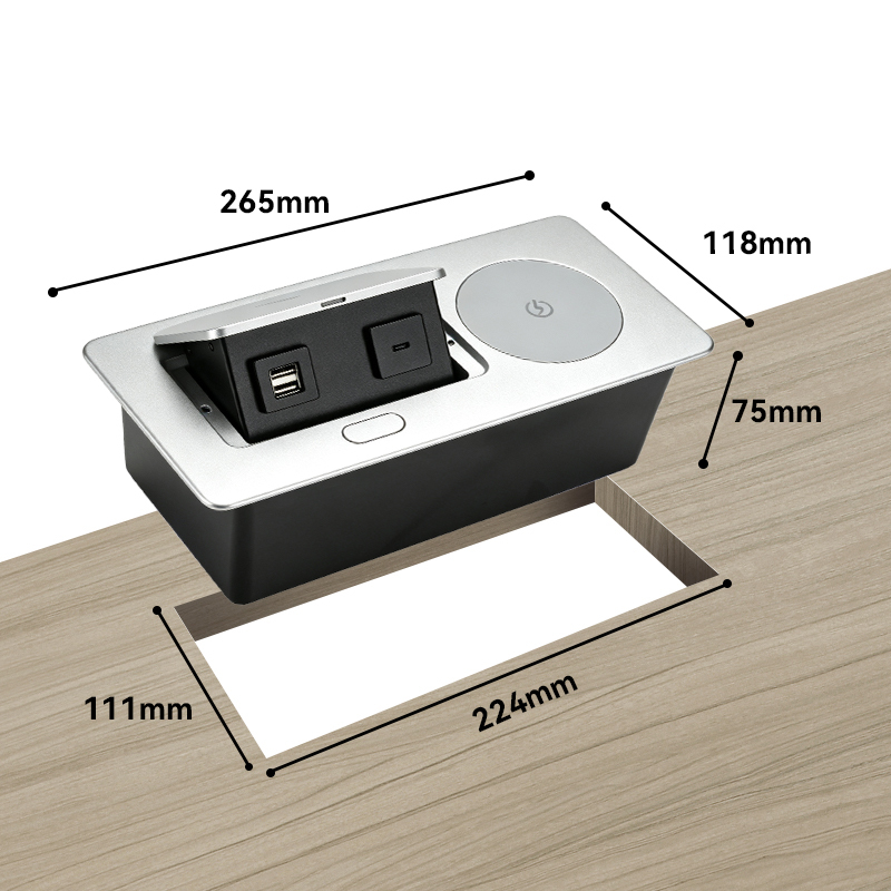 Pop-Up Power Grommet Hub with 20W USB-C Fast Charging and 15W Wireless Charger in Fire-Retardant Aluminum Design