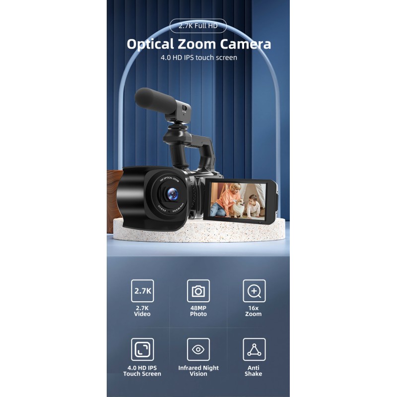 2.7K Video Camera Camcorder,16X Optical Zoom 4.0 Inch IPS Screen for  Vlogging Live Streaming Camera Recorder With Microphone