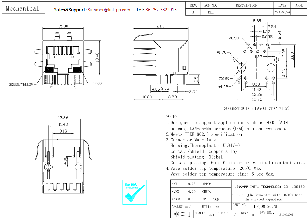 Three LED Magnetic RJ45 Jack LPJ0012G7NL 10/100M Shielded Right Angle