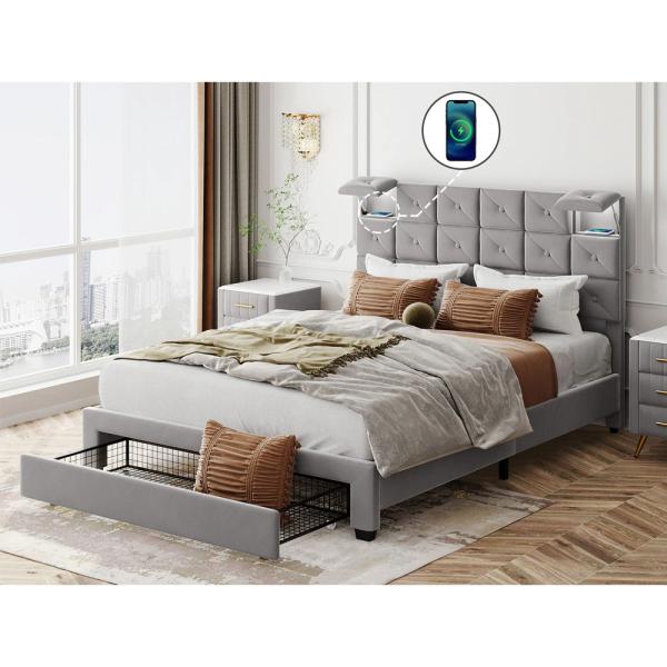 Newly developed High-end multi-functional Queen Size Velvet Platform Bed with a Big Drawer for Bedroom and Hotel