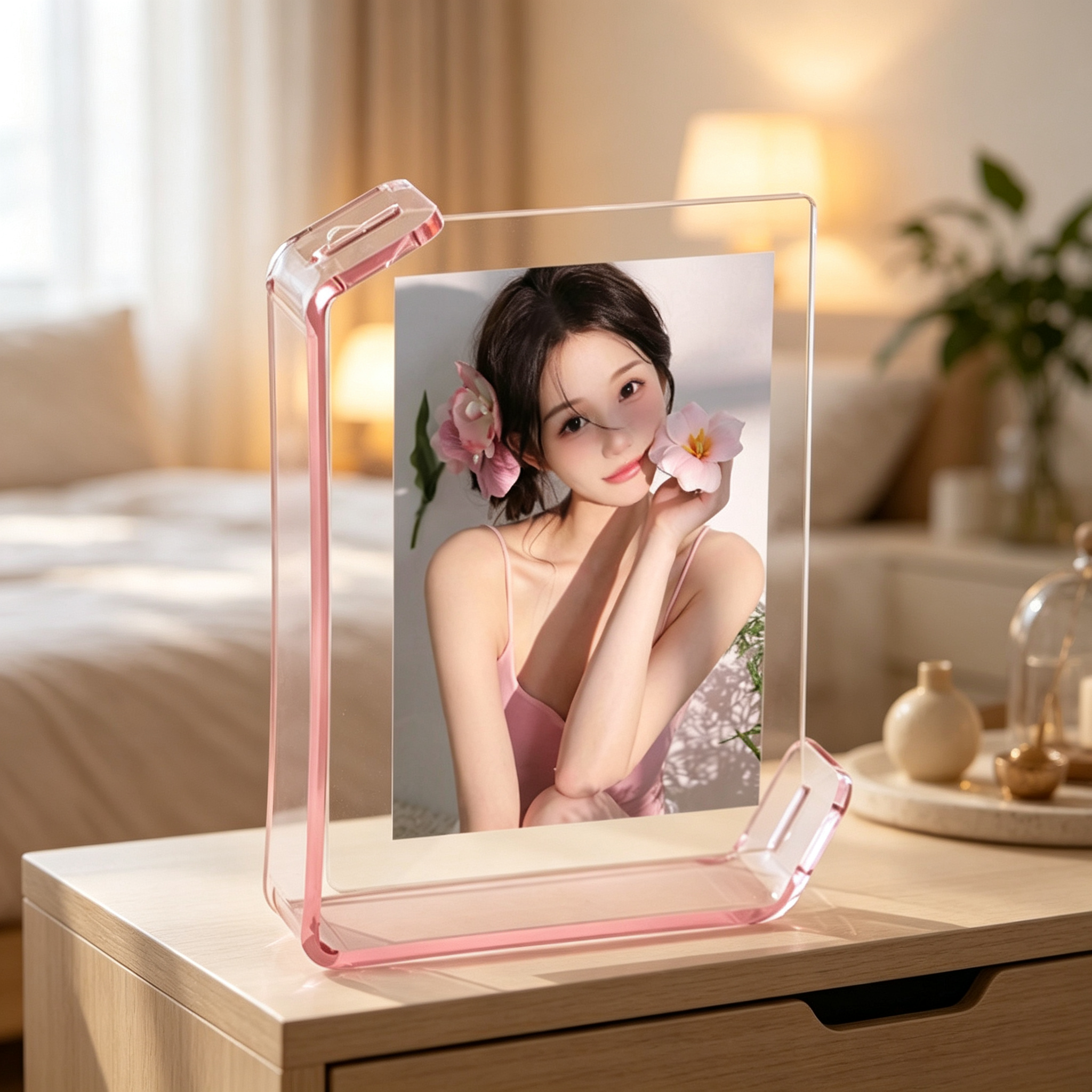 Pink Transparent Acrylic U-Shaped Photo Frame — Desktop Picture Stand for Home