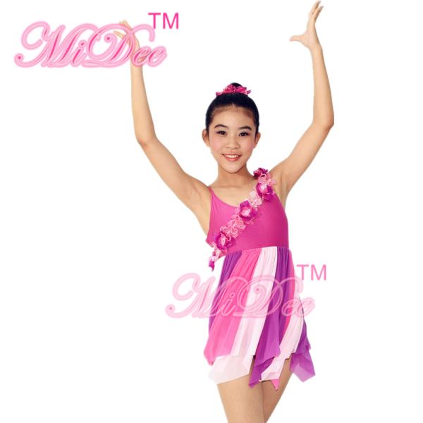 Three Tier Color Modern Dance Costumes / Lyrical Dance Wear Floral Band Across Bodice