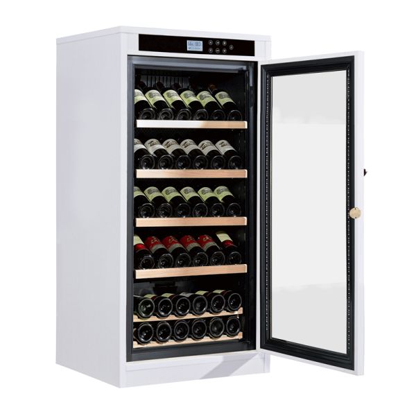 Elegant White Wood Wine Cabinet with Digital Touch Panel Adjustable Shelves and LED Interior Light