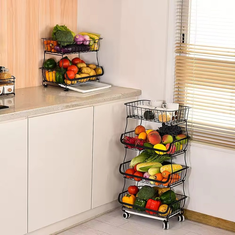 Large Capacity Removable 4 Tier Metal Basket Food Storage Rack Trolley with Non-Slip Feet for Fruit & Vegetable