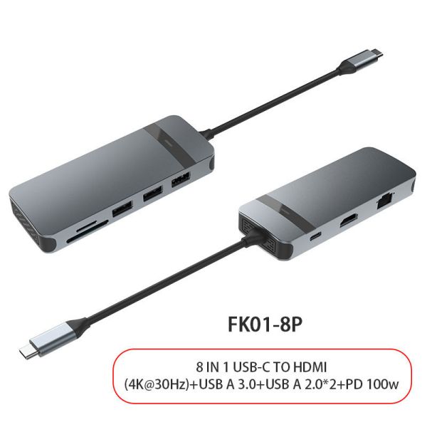 8 In 1 Usb C Hub Adapter Dongle 4K HDMI VGA Type C PD USB3.0 RJ45 Ethernet SD/TF