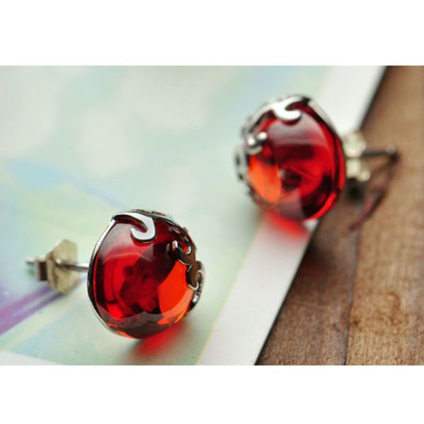 Sterling Silver 10mm Round Red Garnet Stud Earrings Vintage Thai Silver Jewelry(E11065RED)