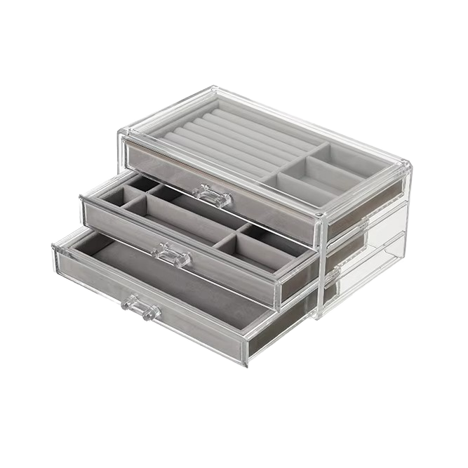 Modern Acrylic Velvet Jewelry Organizer Rectangle 3-Drawer Stackable Display Storage Tray for Earrings Necklace