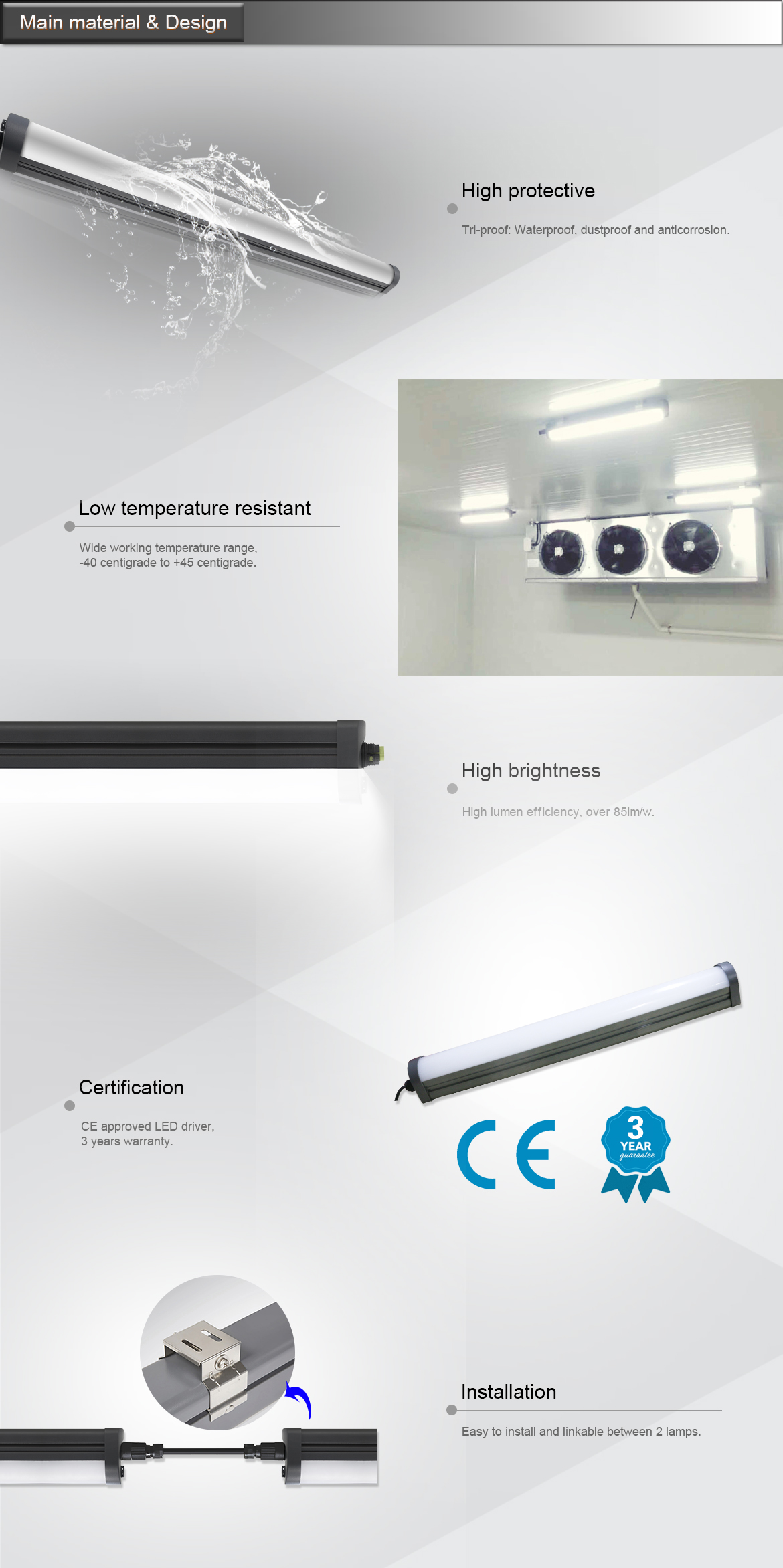 AC100-260V LED Tri Proof Light 20W 40W 55W IP65 Waterproof Coolroom LED Lighting