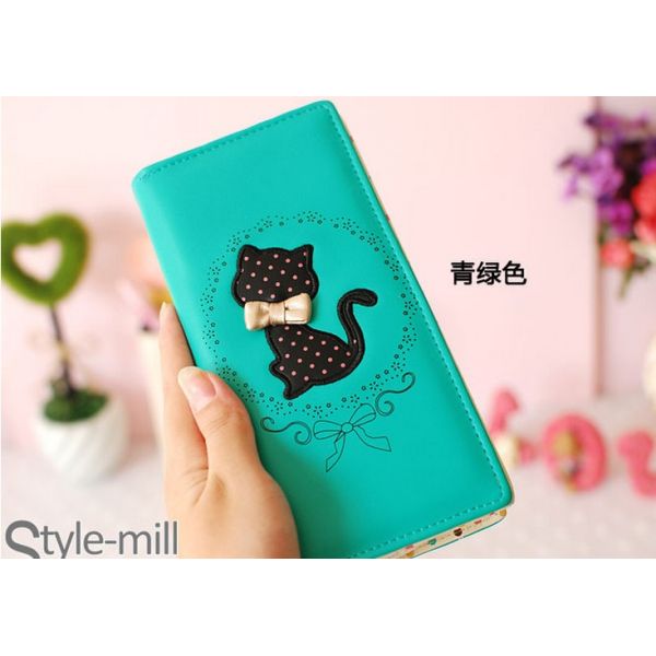 New Korean cute cat print bow candy-colored Japanese girls wave point zipper long wallet