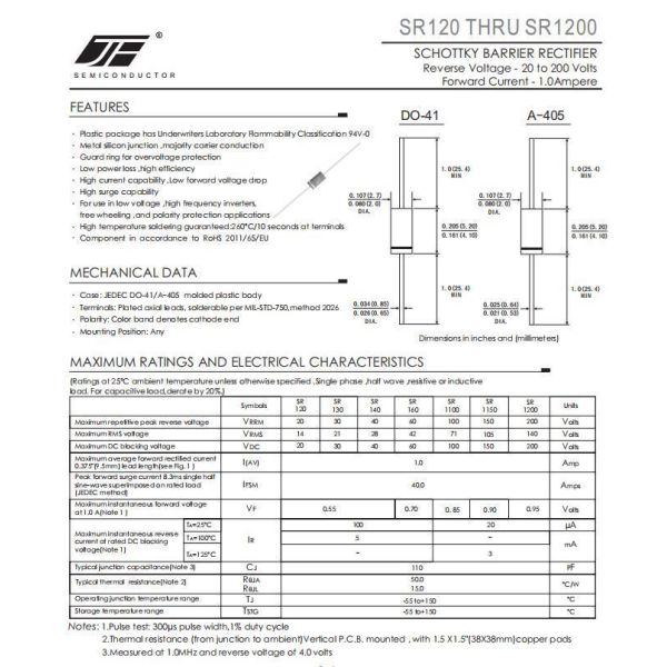 200V SR1200 1A Schottky Barrier Diode in Alloy Structure for Electronic Components