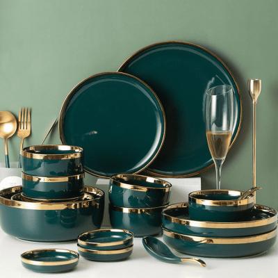Hot Sale Exquisite Life High Quality Gold Frame Dark Green Home Porcelain Dinner Set Ceramic Tableware Set