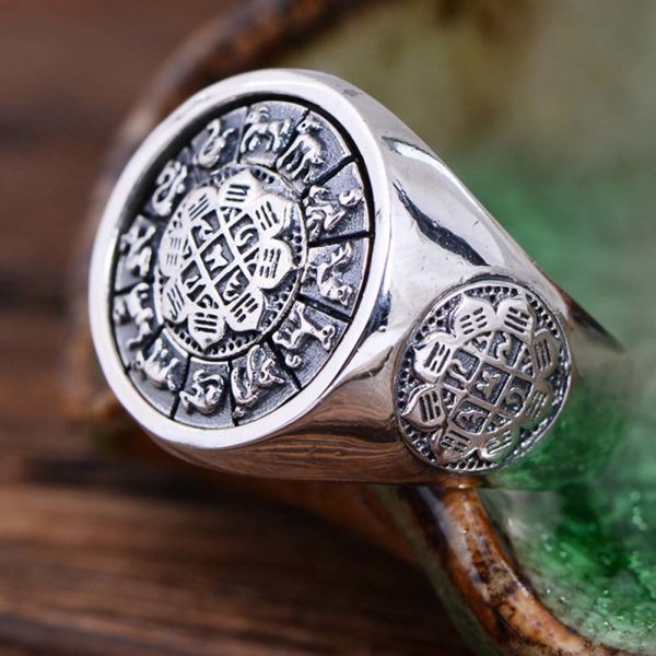 Men Sterling Silver Engraved Chinese Zodiac Retro 925 Silver Ring (059886S)