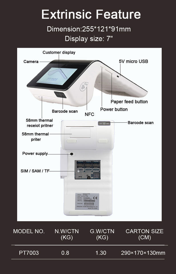 Mobile Handheld Payment Terminal POS Android Payment 7'' 3.5'' Touch Screen