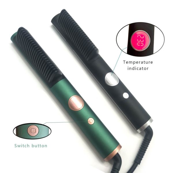 Private Label LCD Electric Hair Brush Negative Ion Ceramic Straightening Comb Black / Green