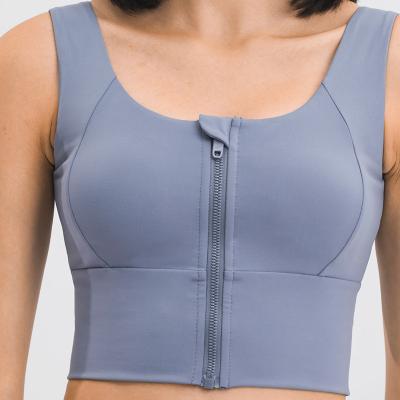 Parte superior da colheita da aptidão de Front Zip Shockproof Gym Running do sutiã dos esportes de Grey Gathered Women azul