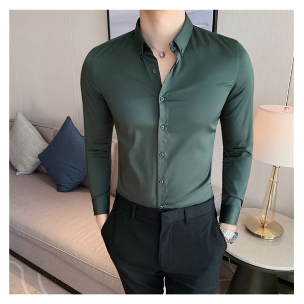 Men's Fashionable Business Casual Shirt Plain Solid Long Sleeve Slim Fit Office Shirts