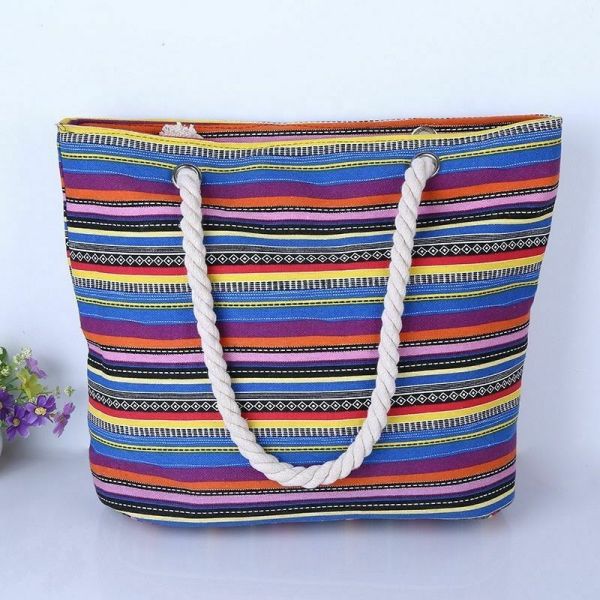 Beautiful Casual Stripes Beach Bag With Shoulder Strap Rope Organizer Promotional