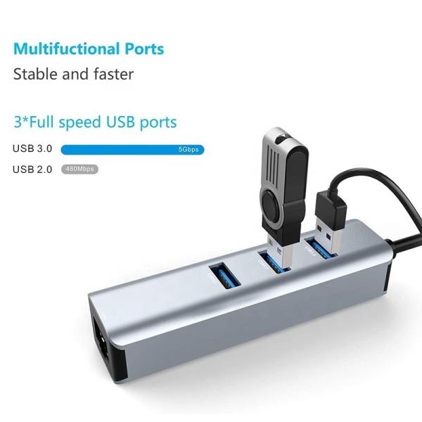 USB 3.1 Interface de type C à 3 ports USB A 3.0 RJ45 Carte réseau Ethernet Gigabit Gris