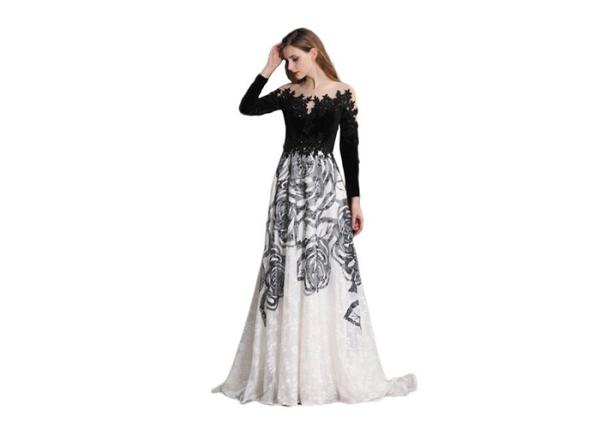 Black And White Sweep Train Long Sleeve Evening Gowns For Autumn And Spring