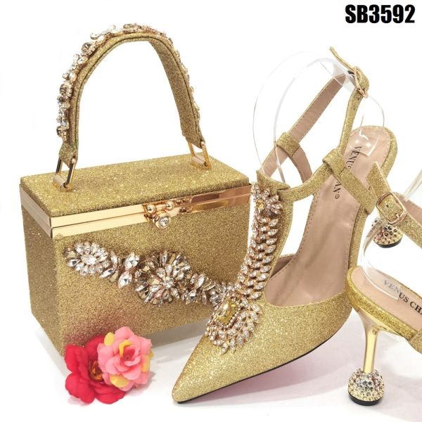 Women's Party Shoes Set with Stones and Matching Bag Set Flat Heel Type Italian Shoes