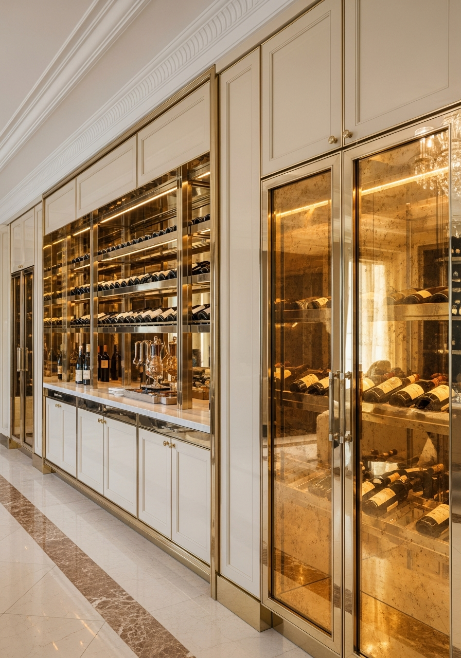 Golden Mirage Wine Vault in 304 Stainless Steel with Honey Onyx Accents