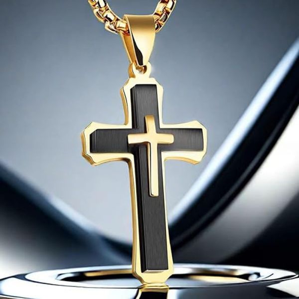 Stainless Steel Cross Pendant Necklace Large Gold Men's Masculine Jewelry