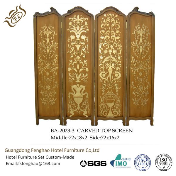Vintage Hand Painting 4 Panel Room Divider Golden Carved Folding Wall Divider