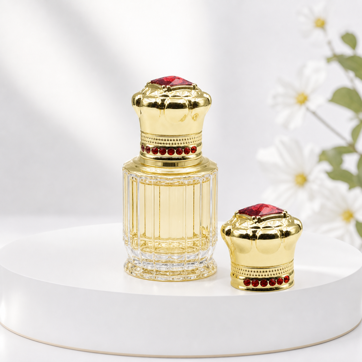 Wholesale High Gloss Mirror Gold Royal Crown Perfume Bottle Cap With Square Red Diamond Top & Circle Red Rhinestone Belt Heavy Zamac Closure OEM Custom Engrave Logo Middle East Luxury Fragrance