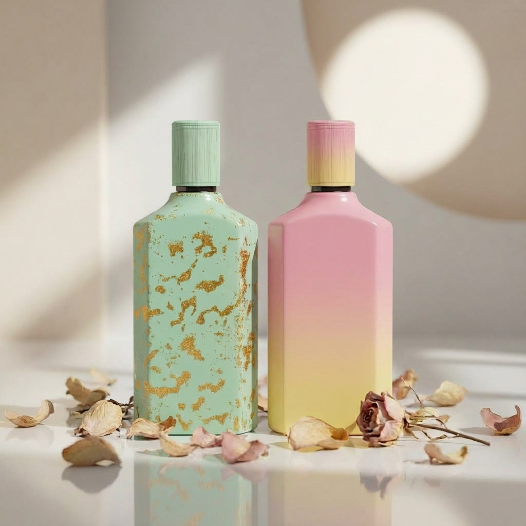 Empty Glass Perfume Bottles 100ml Flat Geometric Crimp Neck Ribbed Cap Spray