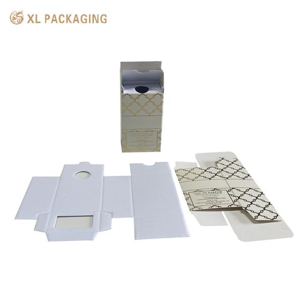 Full Shine Gold Foil Cosmetic Carton with Large Clear Window and Matte Lamination Finish for Perfume Packaging