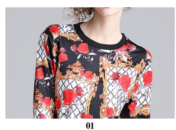 women print round-neck long-sleeve printed blouse + fashion casual suit