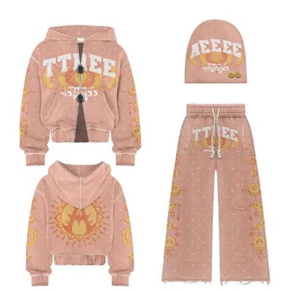 Manufacturer Custom Sweatsuit | Rhinestone Streetwear Tracksuit | Oversized Baggy Cropped Acid Wash Flared Sweatpants and Hoodie Set