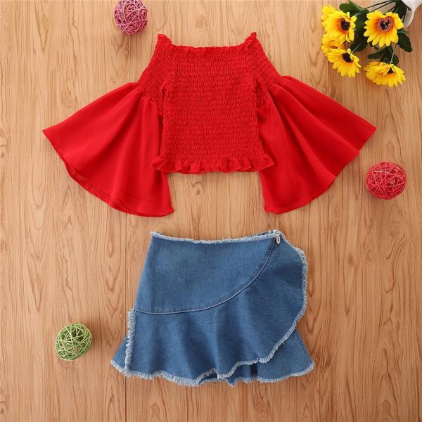 110cm Trumpet Sleeve Shirt Children'S Outfit Sets Denim Skirt With Tassels OEM
