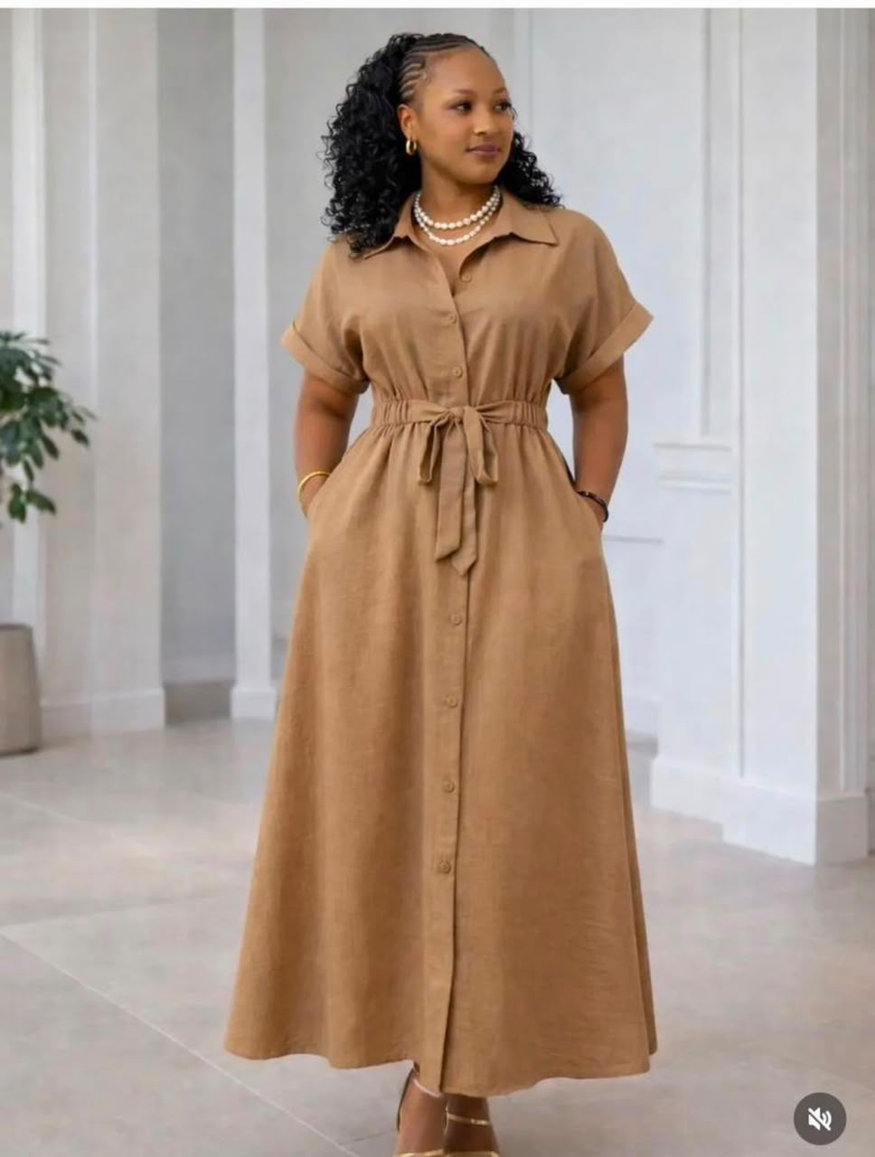 Women Beige Shirt Collar Midi Dress Waist Tie Elegant Casual Office Dress OEM Custom
