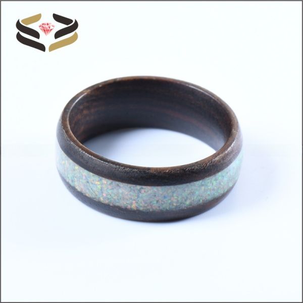Naturaleza de la boda Koa Anillos de madera 8mm incrustación de ópal de fuego blanco con configuración invisible