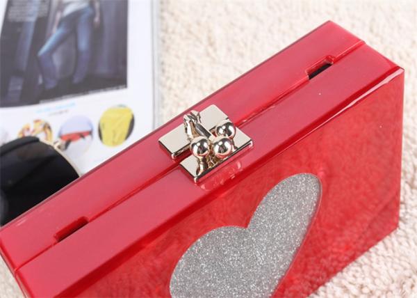 Wedding Hard Case Acrylic Clutch Bags , Ladies Red Clutch Bag With Silver Heart Glitter