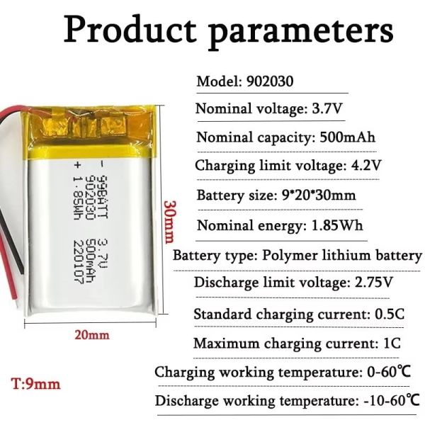 Rechargeable 500mAh 3.7 V Battery 902030 Pouch Cell Battery Customizable