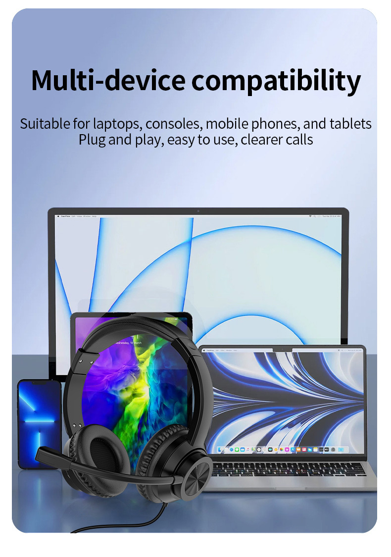 JTY-1036 Wired Call Center Headset with Adjustable Microphone, USB Type‑C 3.5mm Multi‑Interface Over‑Ear Headphone, Volume & Mute Control for Office Customer Service Online Class