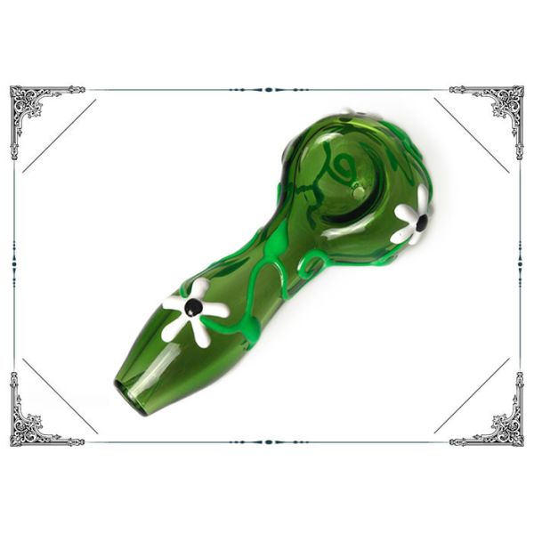 Green Glass Smoking Pipe With Luminous Flower , Glass Hand Pipe For Smoking