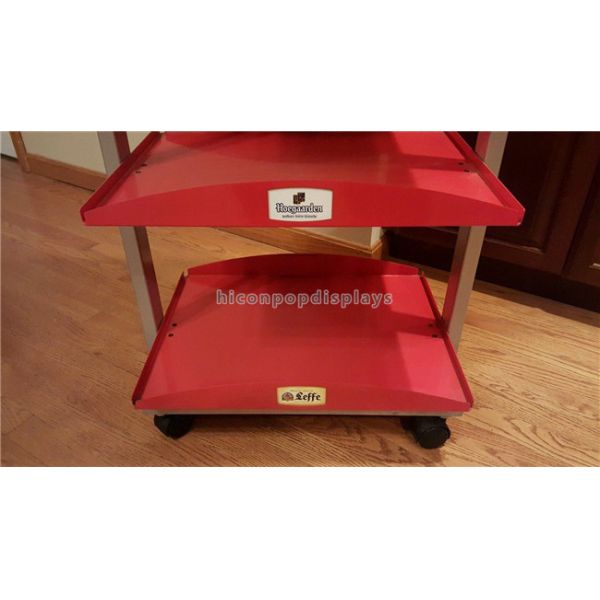 4 Wheels Wine Display Stand Red Heavy Metal Beer Display Shelf 4 Layer For Stores