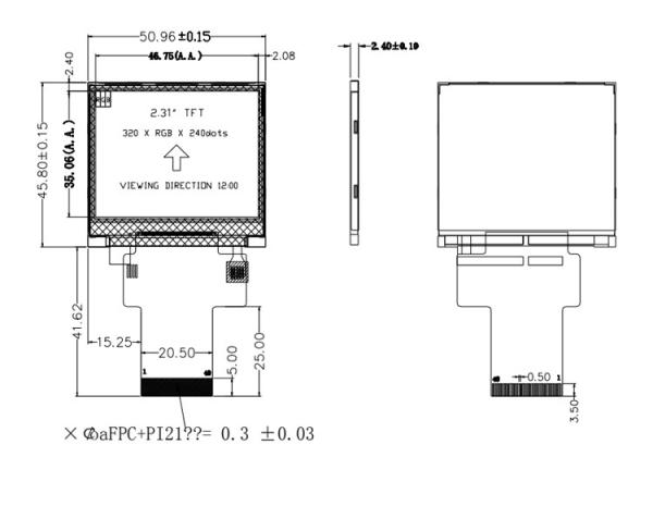 Polcd Black 320*240 RGB TFT Display 18 Bit High Brightness 2.31 inch LCD Panel