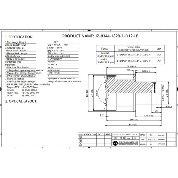 Ø9.7 F/NO1.8 8MP ADAS カメラレンズ 広い視野 OX08B40 センサー 低歪み