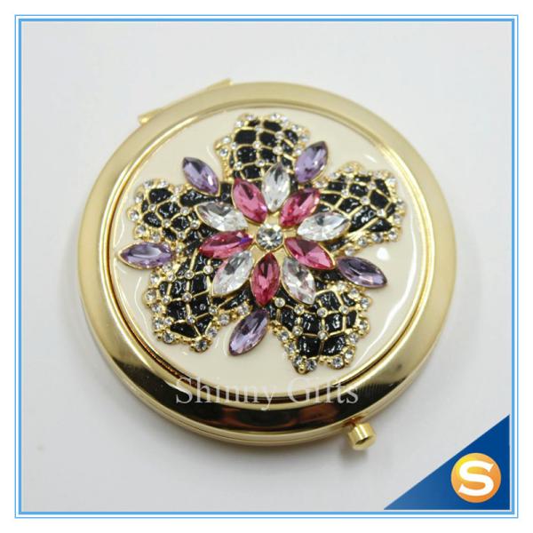 Shinny Gifts Luxury Rhinestone Flower Design Metal Compact Mirror Small Makeup Mirror For Girls Gift